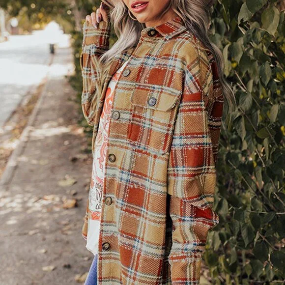 B021 Fiery Red Oversized Flap Pockets Plaid Shacket with Slits - Picture 2 of 3